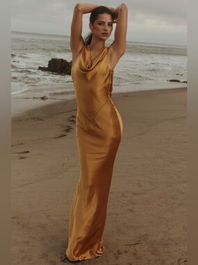House of CB SAFAIRA Amber Satin Draped Cowl Neck Maxi Dress